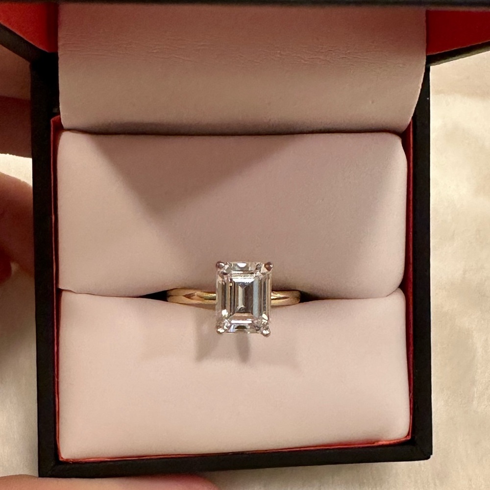 Emerald cut engagement ring! 2.5 karat gold band solitaire ring! Forever 1!